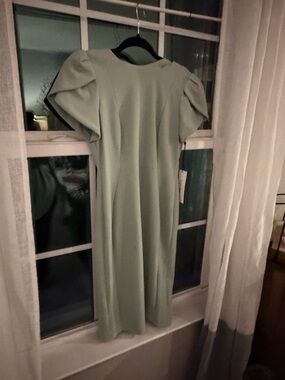 Calvin Klein Sage Green Puff-Sleeve Midi Dress